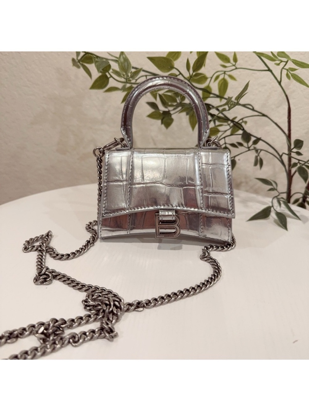 Metallic Silver Croc-Embossed Mini Top-Handle Bag
